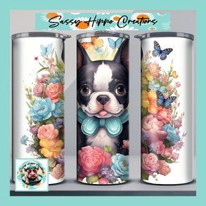 Skinny Tumbler Boston Terrier Puppy Dog Butterflies Flowers Stainless-Steel 20oz